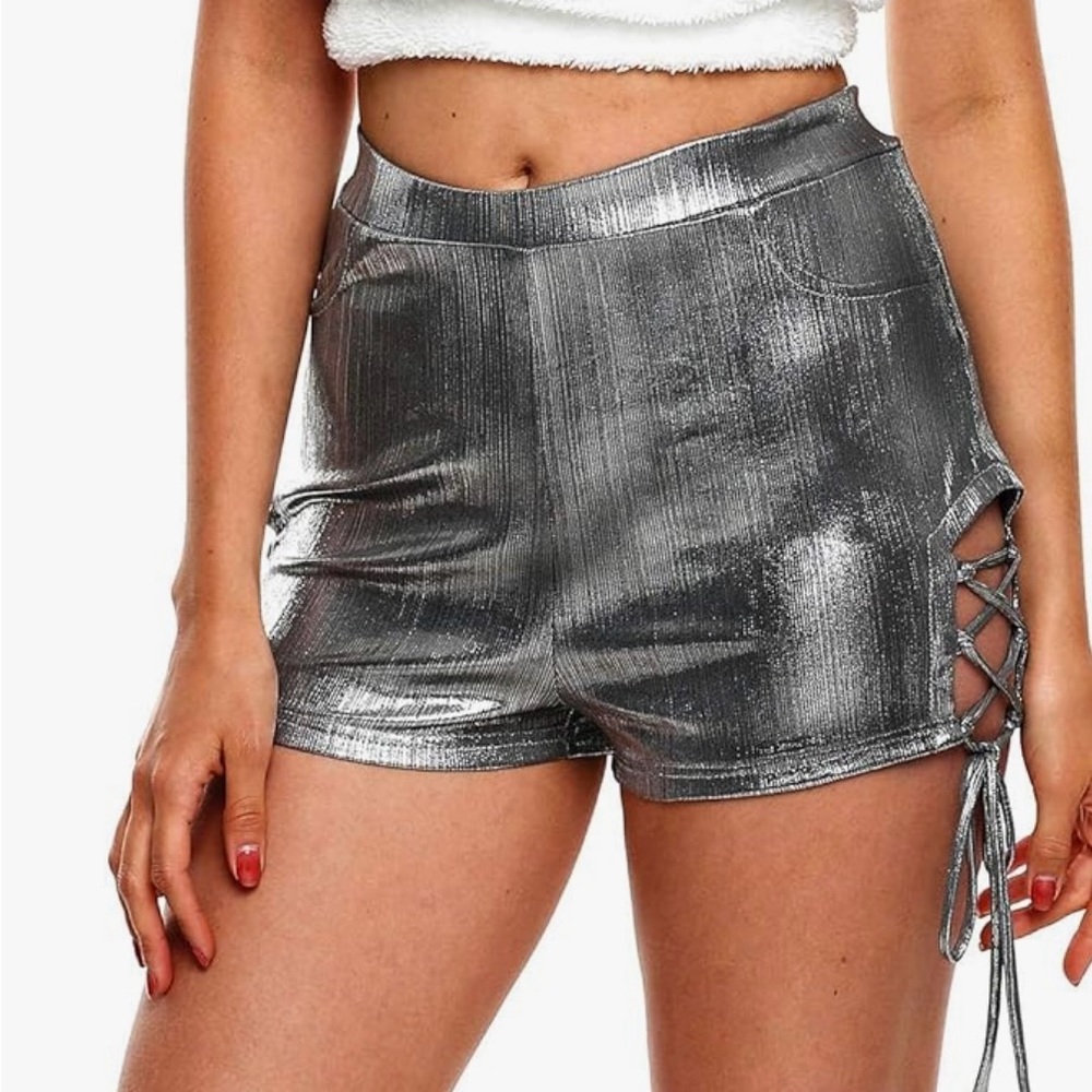High Waisted Stretchy Shorts, Shiny Metallic Wet Look Rave Club Wear (Grey, M)